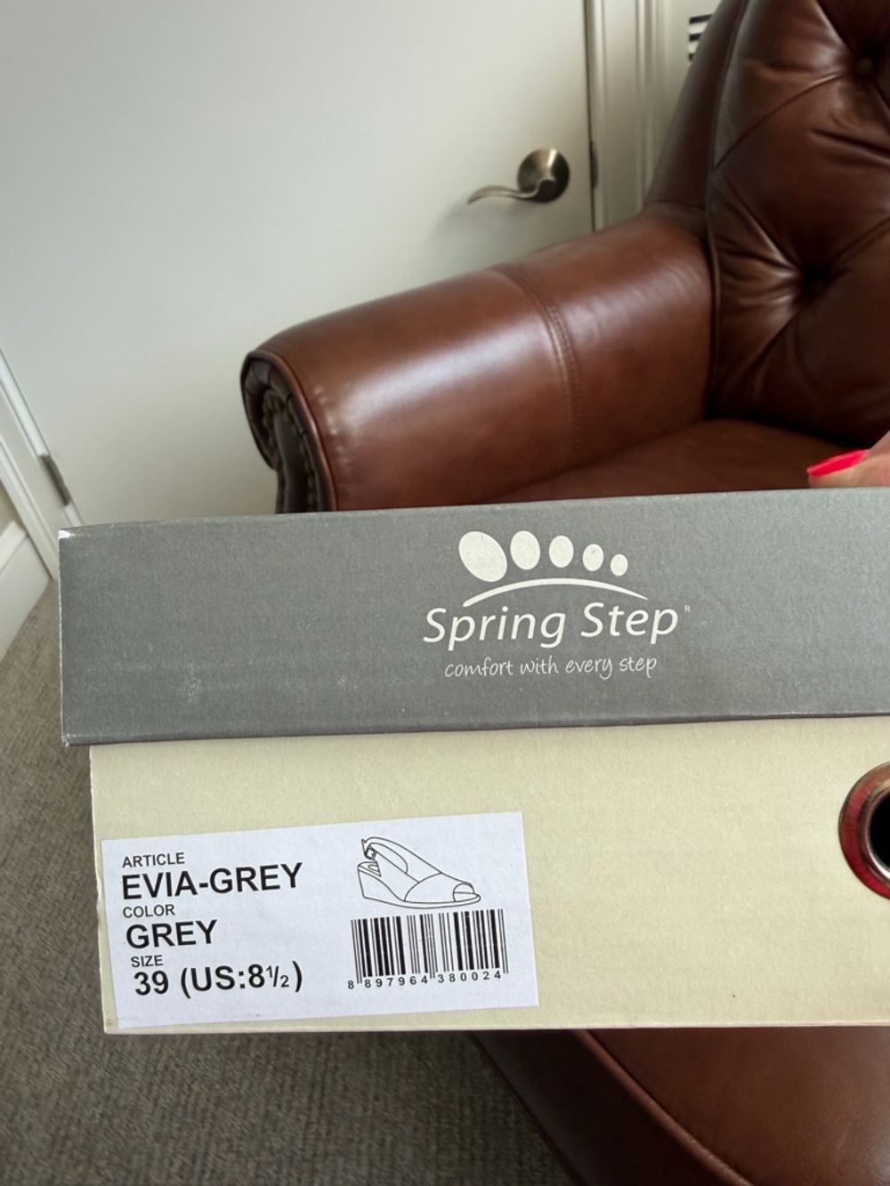 Spring Step Grey Textured Peep-Toe Slingback Wedges - Picture 3 of 3